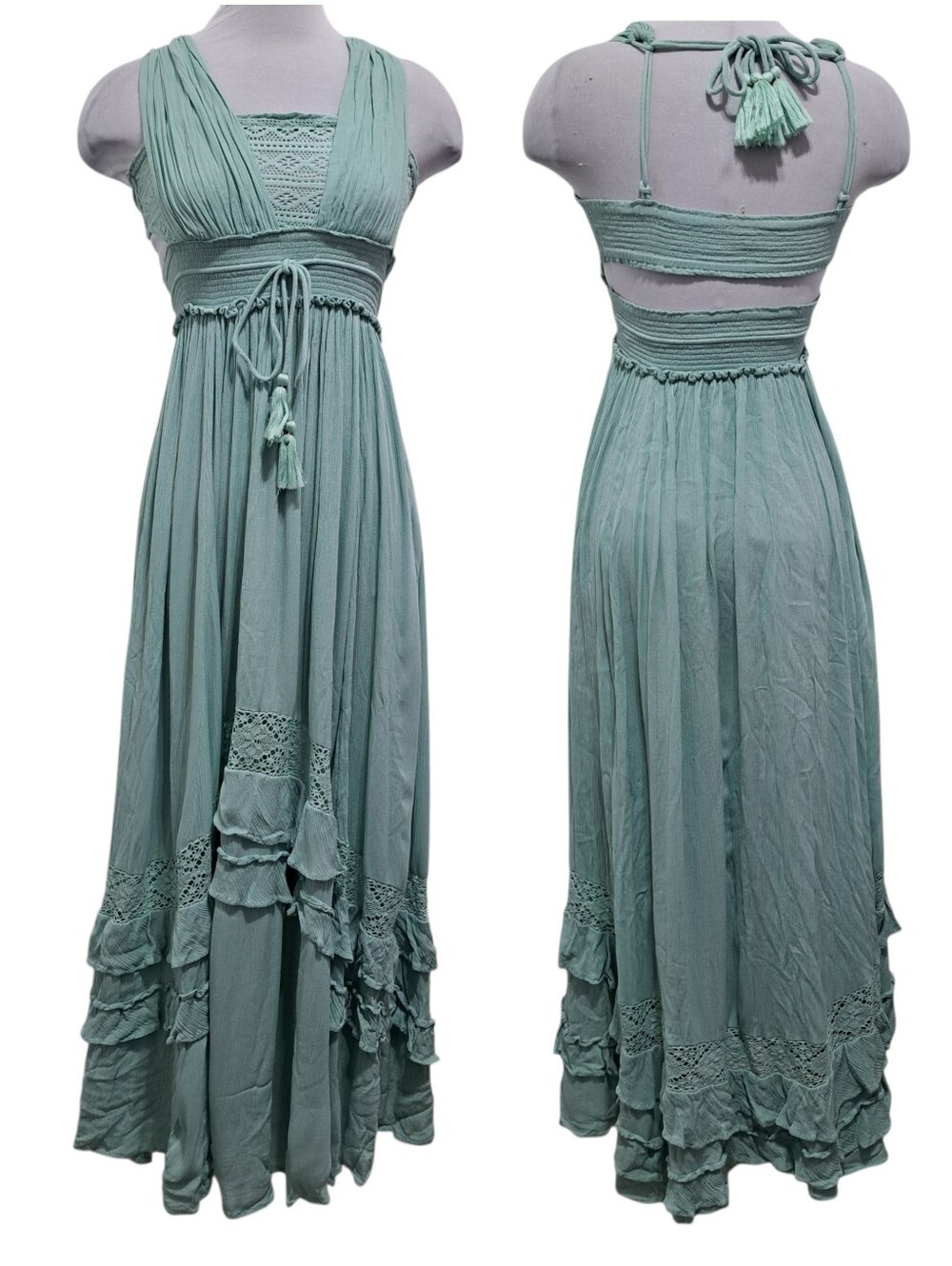 Free People Boho Santa Maria Maxi Dress  Mountain Green W/ Tassel Tie XS